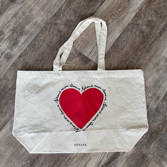 NWOT! Sezane Limited Edition Mon Amour Red Heart Canvas Cream Ecru Tote Bag - Picture 3 of 5